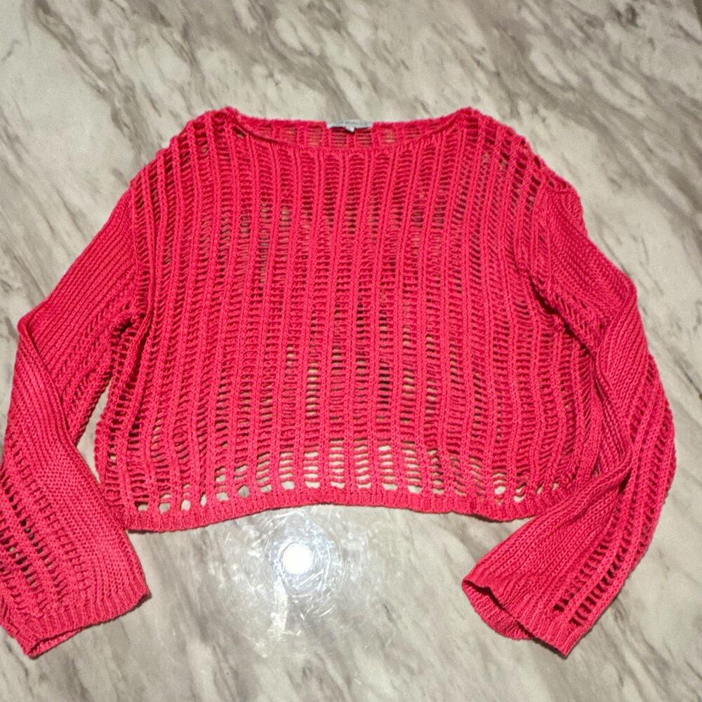 Miss Sparkling Women’s Open-Knit Cropped Crew Neck Pullover Sweater Pink L 0072